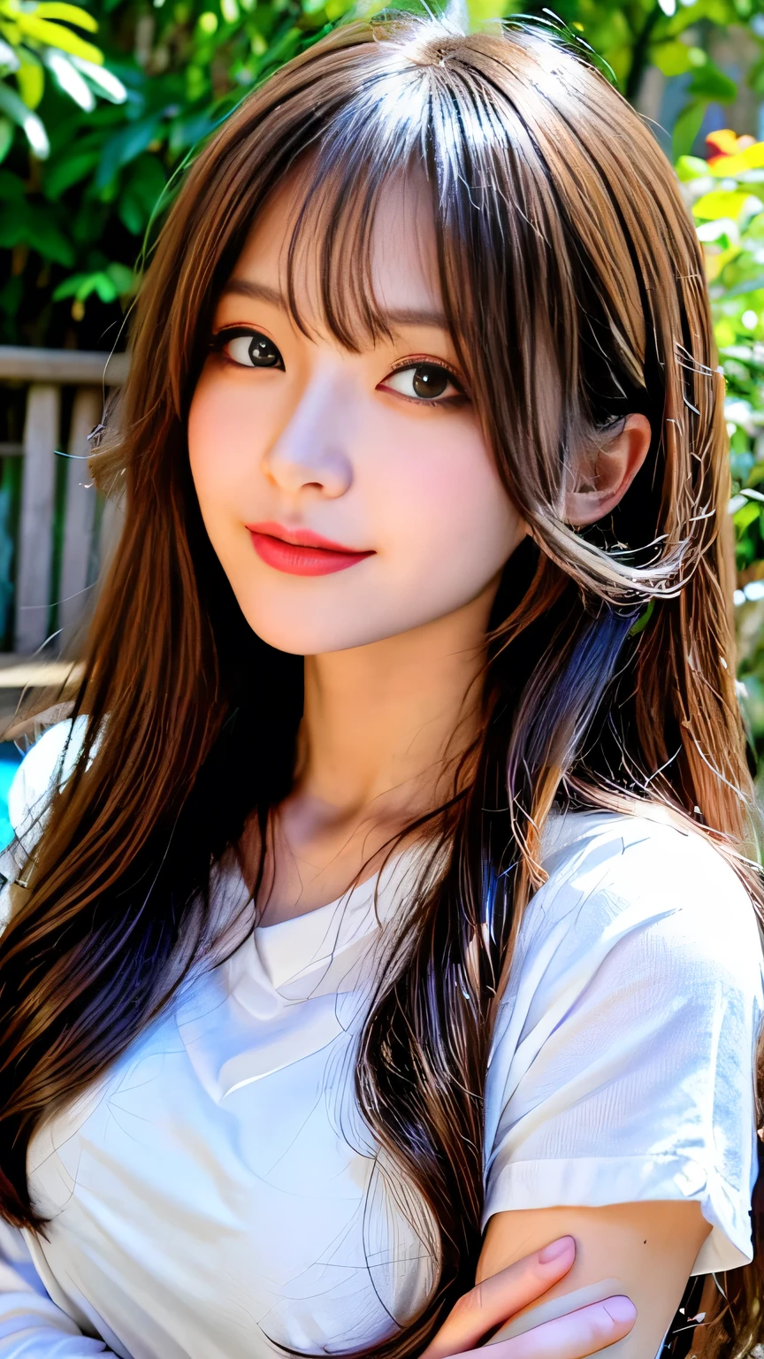 Full Body Angle、((highest quality, 8K, masterpiece: 1.3)), concentrated: 1.2, Cute girl 1,Nipples erect、 Perfect beauty: 1.4,Crisscross V-neck T-shirt, Casual summer short sleeve t-shirt: 1.2,Long sleeve、Randall Color、comics&Text Graphics、Black ruffle-trimmed drawstring zip blouse,1.1, Highly detailed face and skin textures, Fine grain, double eyelid, whitening skin, ,highest quality,Ultra-high resolution,you,1 girl,alone,_Shiny_skin,Iris,necklace,((Brown_length_Wavy_hair)),(lips)),eyelash,Front hair,deal with,compensate,Shiny,pore,skin texture,Large Breasts、smiling face、Front hair、garden、