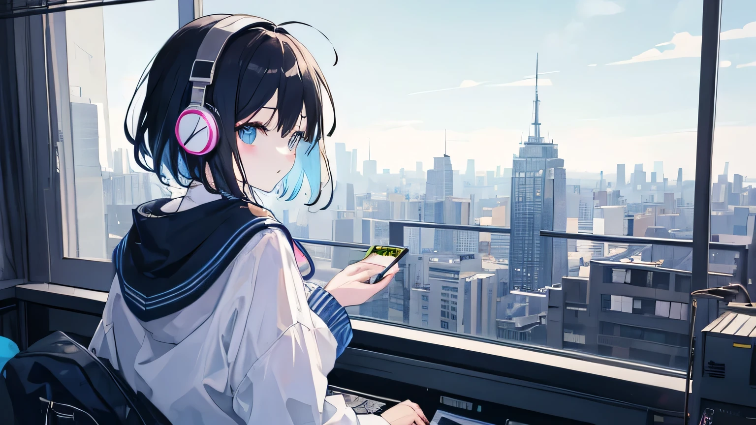 Lo-fi music vibes、Please draw me a cute anime style illustration。
Please draw an illustration of a girl listening to music with headphones..。
With the cityscape of Blue Moment in the background、Look forward and look at the camera。Please draw an illustration of a cute girl with dark hair。Use pastel and soft colors、Expressing a gentle atmosphere。
As an accent color、Use vibrant colors。
Keep the color wheel in mind、Maintain a consistent color scheme。