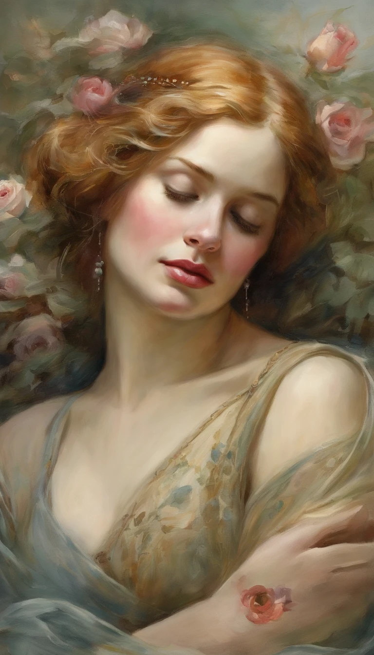 Rose is lying on her back, Her head is resting on Jack's chest..
Her eyes are closed、Her expression is calm.
Jack is sitting behind her., His arms wrapped around her.
He looks down on her with love and kindness.
They are surrounded by the dark waters of the North Atlantic..