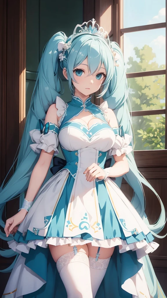 hatune miku VOCALOID, twin tails, light blue hair, light blue eyes, big breasts, white stockings, beautiful eyes, animated painting, 1princess, luxury dress, tiara, gown,
