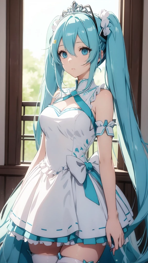 hatune miku VOCALOID, twin tails, light blue hair, light blue eyes, big breasts, white stockings, beautiful eyes, animated painting, 1princess, luxury dress, tiara, gown,
