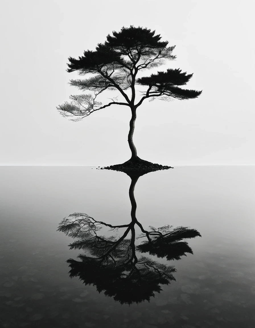 Professional black and white,A small tree,Partial reflection, Zen minimalist aesthetic, desktop wallpaper