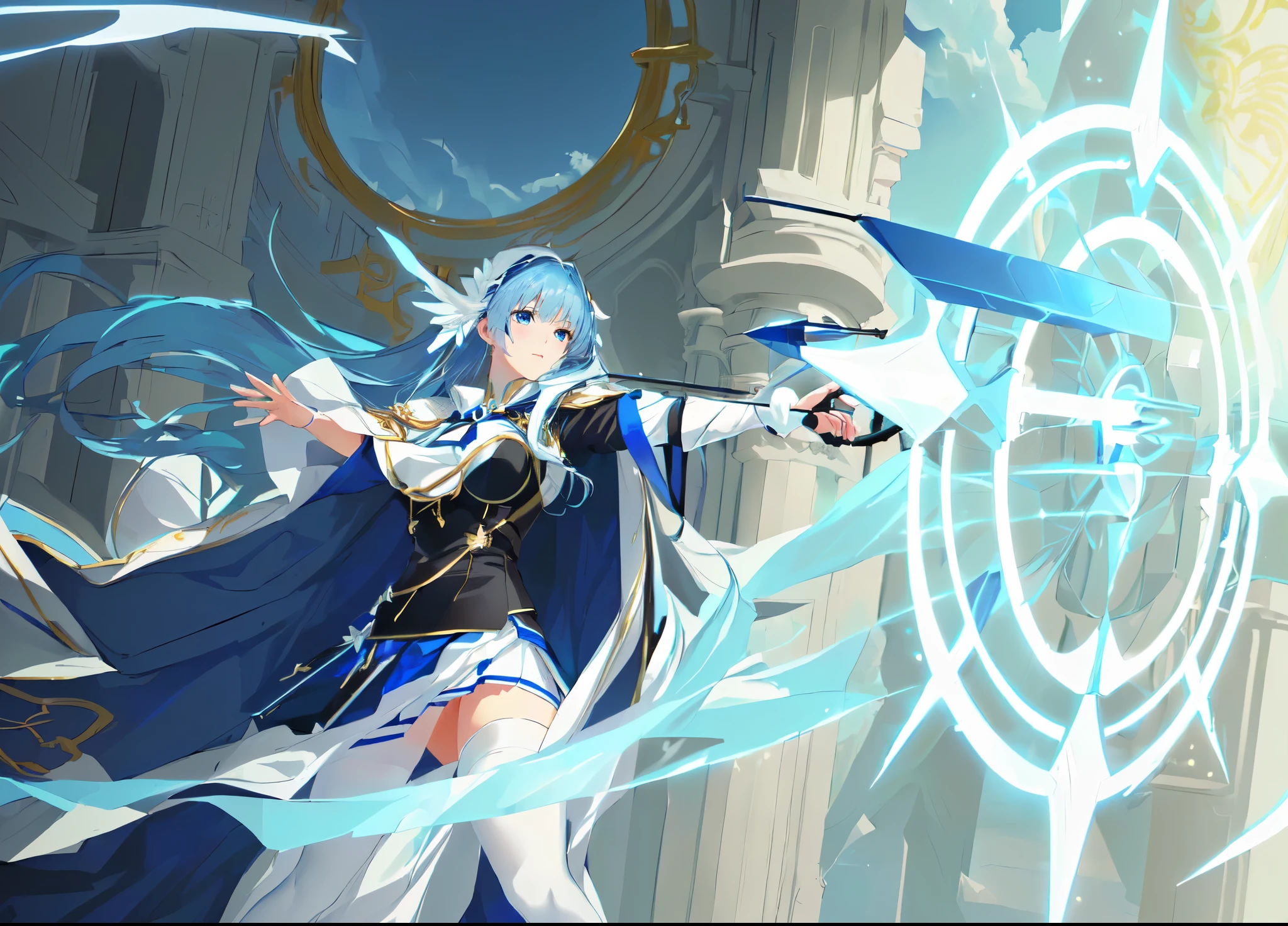 (best quality, high-res, photorealistic:1.2),anime goddess,blue hair,blue eyes,white skirt,white stockings,black top,a girl in a white and red cape,anime goddess,shooting an arrow
