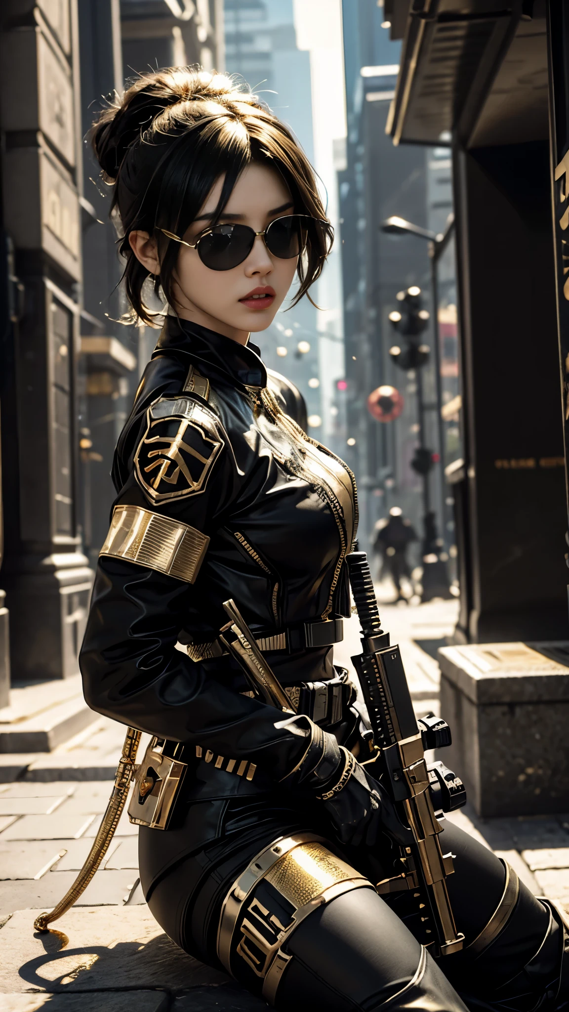 8K, UHD, masterpiece, 1 girl, detailed face, smart face, ((sunglasses)), detailed eyes, sniper rifle in hand, battleroyal, call of duty cosplay, call of duty modern warfare 3, ((ghost tribe)), ((golden and black cosplay:1.5)), belts, gun, methic gun, futuristic art, cyberpunk lihting, ultra extreme graphics, RTX 4090, ray tracing, bloom, depth of field, motion blur, siting,