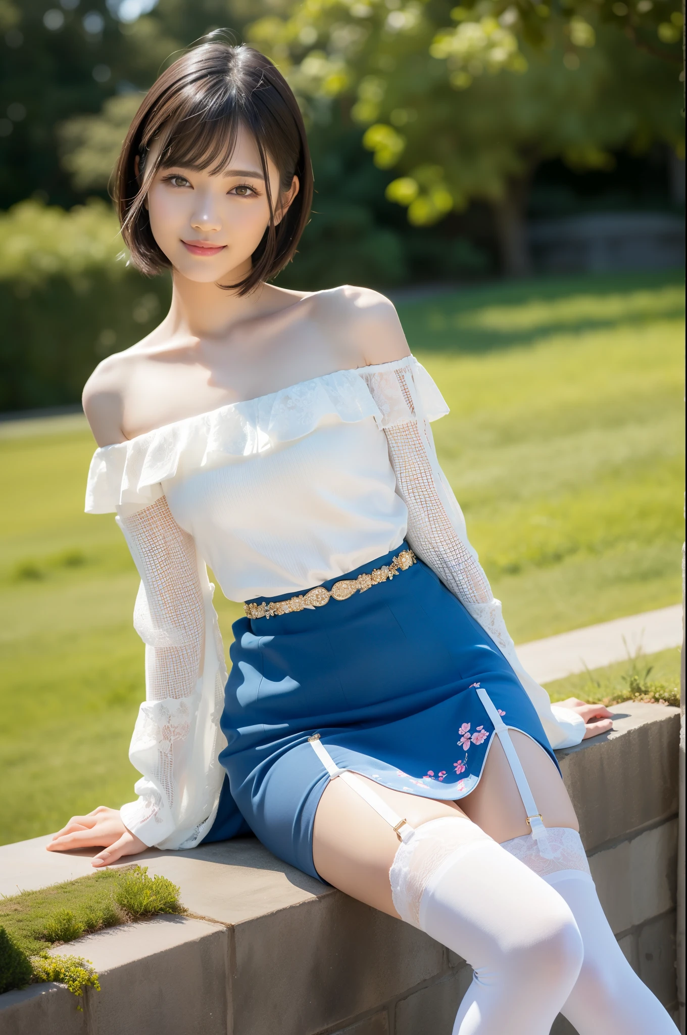 (highest quality:1.5)、(Realistic:1.5)、(1 person:1.5)、(Medium Shot:1.5)、Very detailed、High resolution、8k wallpaper、、Normal milk、Natural color lips、Cute Smile、Japanese women、20-year-old girl、Beautiful and elegant face、Perfect and beautiful face、Large, balanced eyes、Brunette's eyes、Beautiful and elegant face、Beautiful double eyelids、Natural Bangs、Beautiful thin nose、Beautiful Skin、Fair skin、(Medium Bob Hair)、Natural Bangs、Perfect and beautiful face、Slim face and figure、(Looking at the camera with a sweet smile)、Bright lighting、Professional Lighting、Forward lighting、(Micro Mini Skirt Floral Dress)、(Wearing a white off-the-shoulder floral dress)、Summer blue sky、Mountain Grass Park、Simple poseicro Mini Skirt、((garter belt))、Knee-high stockings、