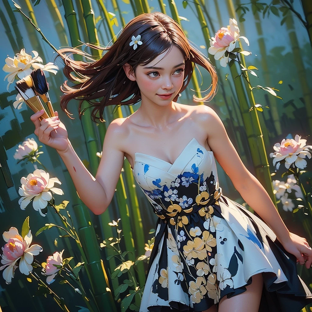 ((create), (young girl, , naked, full height, dark hair, bright skin, scarlet lips, smile; black, expressive playful eyes, long eyelashes), (female naked body, Fantastic space), (flowers, Chrysanthemums-лилии, peonies, 1 full-length girl-solo, beautiful breasts), (girl, bare shoulders, (ecchi0.5), lips, Splashing water, (flowers:0.6), (birds:0.2), (Bamboo0.1) , (lakes), (very beautiful, naked girl, full height, relaxed posture, slight body twist, facing the viewer, beautiful small breasts), (dressed; black translucent chiffon dress, Golden Line, Very short dress), (calm relaxed posture, hair fluttering in the wind, half a turn, look at the viewer, stylish girl model)).((Background - Fantastic space, flower garden, graphic clear line, stylized - graphic, (lily flowers, peonies, Chrysanthemums ) - (stunning blooming irises; (violet, yellow, blue, white), (Modern style, Modern, very beautiful young girl). (High quality, masterpiece). ((Highest quality workmanship, realism, oil painting, Modern brushwork, master&#39;s hand, mercy, ease of execution)).