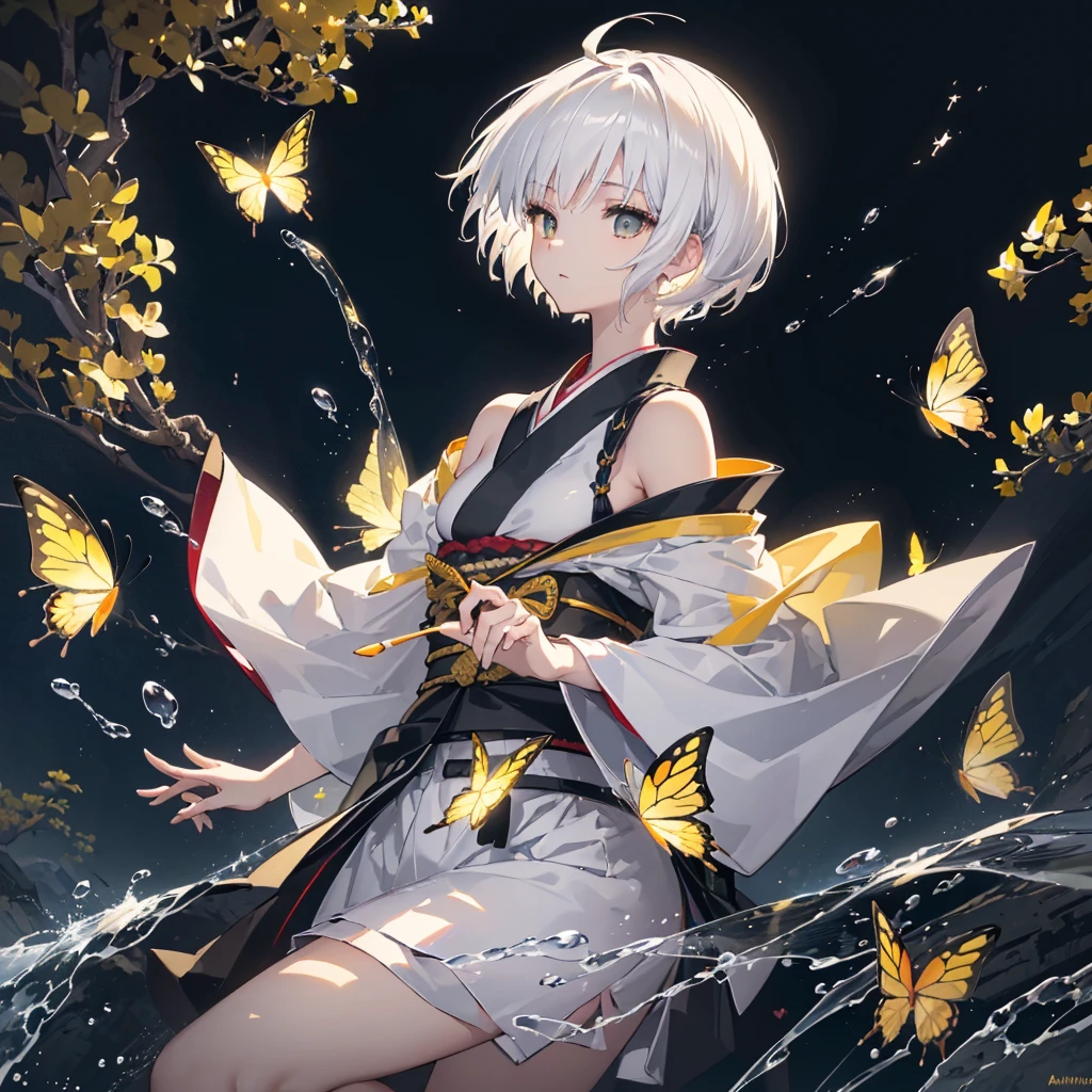 ((high resolution　White Hair　Short Hair　Black kimono　Black band　Military commander　Lonely　despair))　((Yellow butterfly　night　Japanese style　Shoulder　old　Shining Aura　garden　water surface))　(Dance　Shining blade　Holding a sword　Slashing)　moon　star　Draw your sword　Slashing　Catch the wind　Shining Edge　Shining Background　ripple