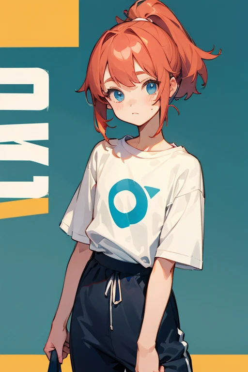 A cute gal 、The hem of his T-shirt is rolled up to expose his shoulders.、Sporty、