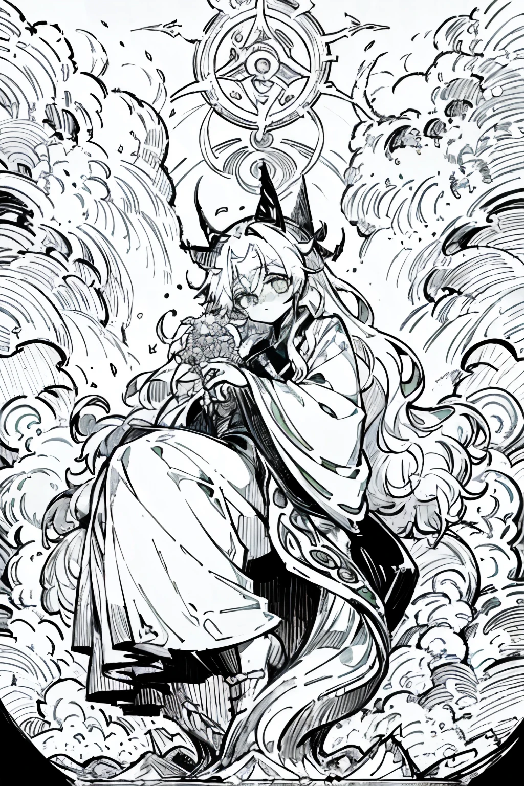 Anime scene featuring the dragon maid, Nagisa the evil witch, as illustrated by the renowned manga artist Takafumi Watsuki. Nagisa, characterized by her menacing aura, is depicted in a captivating pose, seated on a broomstick, her long, wavy green hair adorning her ominous visage. She is clad in a luxurious black robe, embellished with intricate patterns, and her humongous, swelling spellbook is open to an unholy incantation.

The backdrop is a dimly lit, creepy forest, casting an ominous atmosphere. Nagisa exudes an aura of worry while exhibiting a