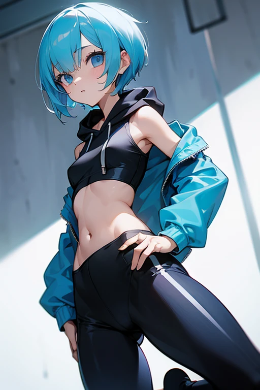 Cute girl in a hoodie、Belly button、Shoulder、slender、Tight clothing、Pixie Cut、Sporty