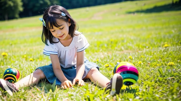 Children playing with beautiful beetles in the grassland、Children playing with beautiful beetles in the grassland、Colorful Mushiking