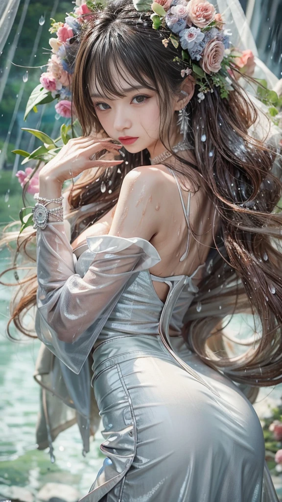 (RAW shooting, Majestic:1.3, 32k:1.5, highest quality, masterpiece, Ultra-high resolution), Perfect dynamic composition:1.3, (heavy snow, On the Cliff:0.7, Majestic背景:0.7, Expressions of sadness:0.9), Highly detailed skin and facial textures:1.3, Wet slim woman:1.0, Random Shot, Fair skin:1.2, Mystical Expressions:1.0, Incredibly slim body:1.2, beautiful:1.1, とてもbeautiful顔:1.1, Water droplets on the skin, (Rain drips down on my body:1.1, Wet body:1.1, Wet Hair:1.1), (Standing Pro:1.1, With a wet bouquet:1.2, Tight long skirt:1.2, Spring formal wear:1.2), Shapely , (beautifulエロティシズムを醸し出す大きな瞳:0.5, beautifulエロティシズムを醸し出す唇:0.5), Too erotic,sweet atmosphere, necklace, Earrings, bracelet