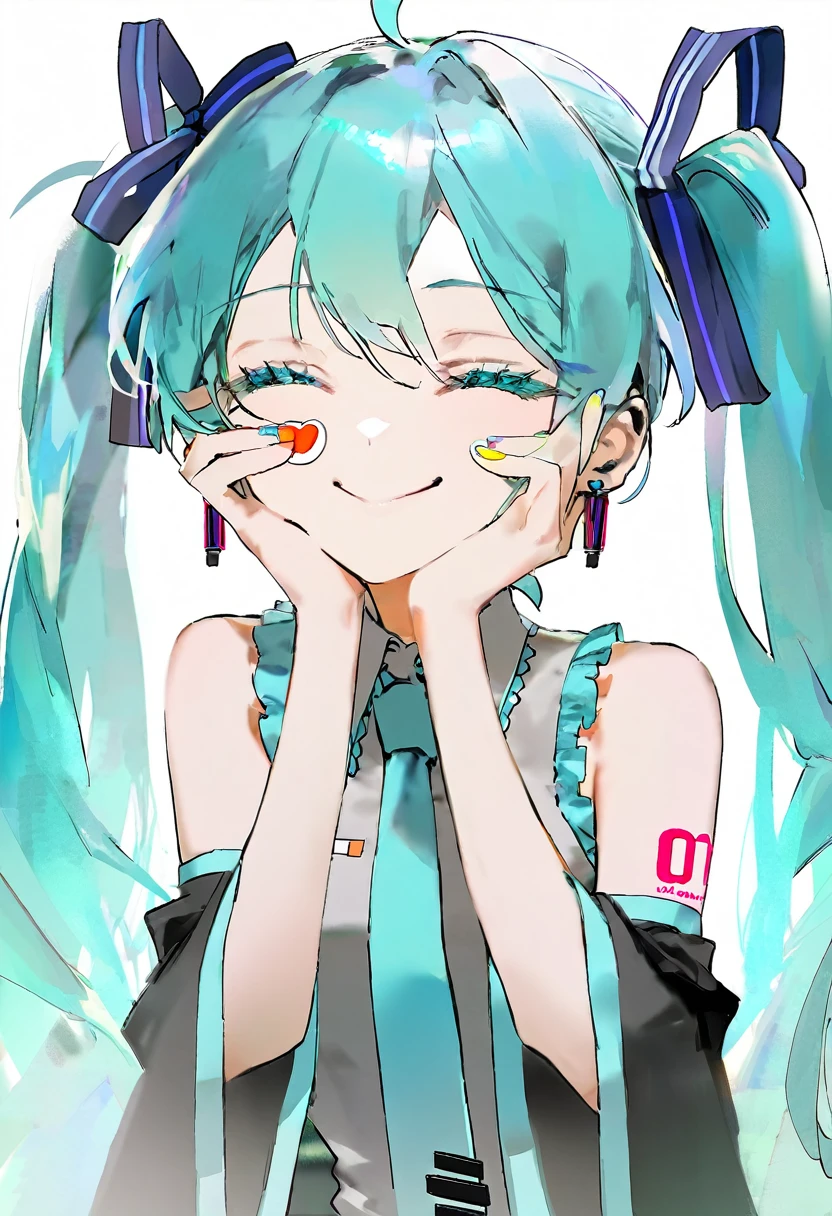 By rsef, One girl, 1 Hatsune Miku, White Background, Simple Background, Upper Body, Holding, smile, Brush Sticker, earrings, Mouth closed, close your eyes, Hair Ribbon, Collared shirt, Sleeveless shirt, Grey Shirt, Removable sleeves, Black sleeves, aqua necktie, Exposing shoulders, Frills, Long sleeve, Wide sleeves, Blue ribbon, beautiful, Beautiful colors, highest quality, Updo, > <, Bring your cheeks together, Press the cheek, crossover, evaluation: Safety