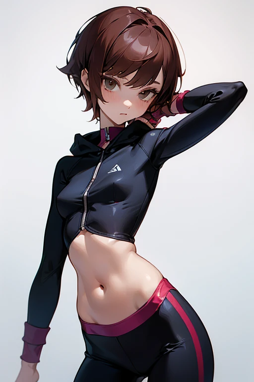 Cute girl in a hoodie、Belly button、Shoulder、slender、Tight clothing、Pixie Cut、Sporty、Grown-up、24-years-old、Red-brown hair、