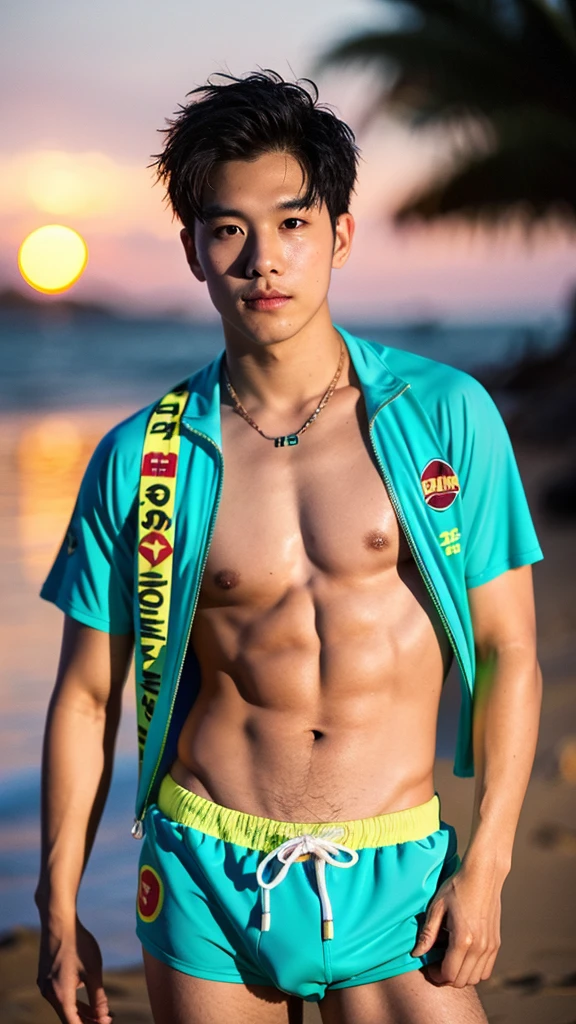 male　Age 28 Lifesaver swimwear cool hawaii  in the evening