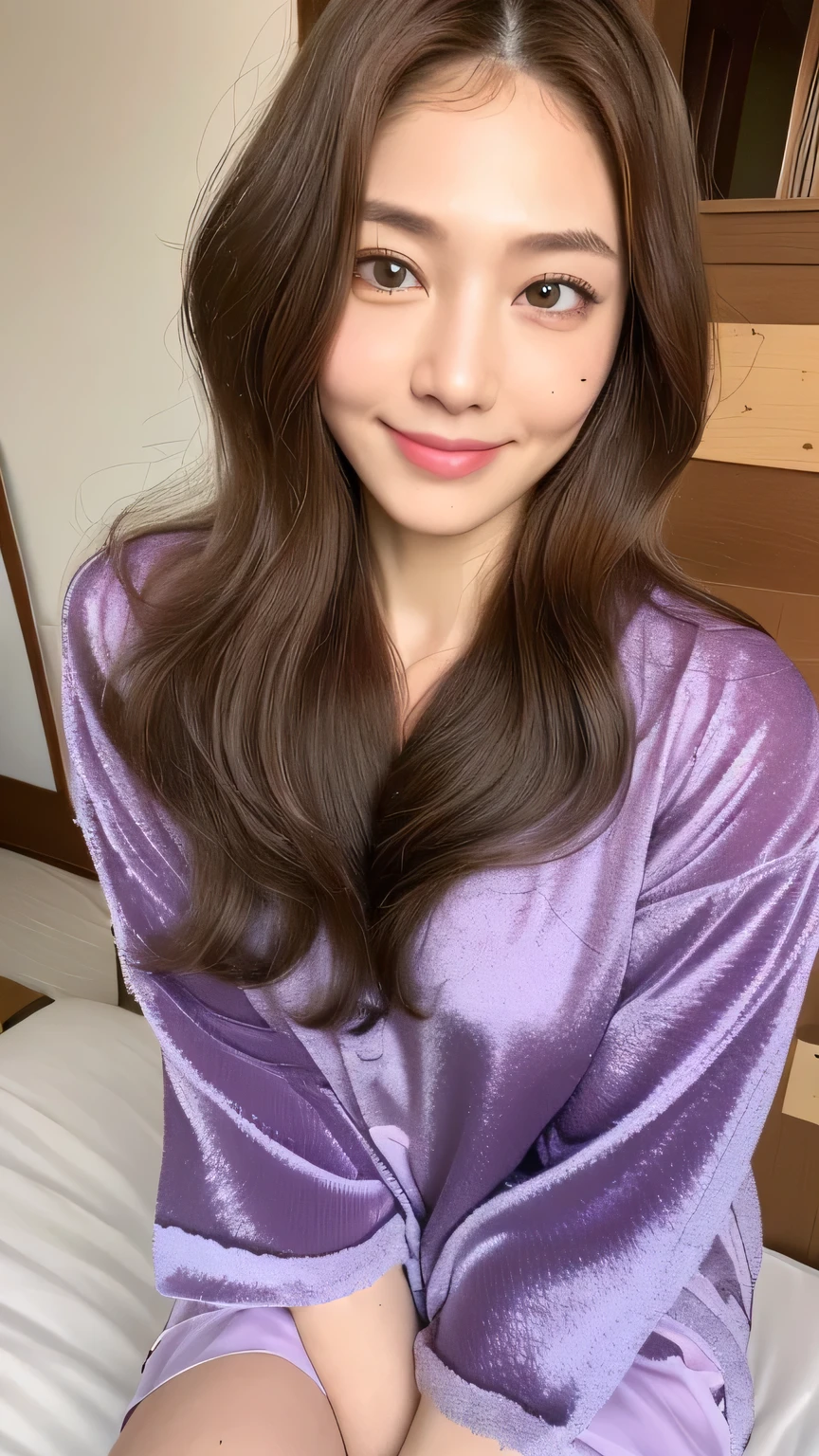 ((highest quality, 8k, masterpiece: 1.3)), 1 female, Japanese Mature,Sensual beauty: 1.3, (Hair style Brown hair Medium wave, big: 1.2), Purple Nightwear: 1.1, Super slender face, Delicate eyes, double eyelid, smile,Dimples,Mole, Home,Plump body,very thick legs,Cowboys photographed from above,