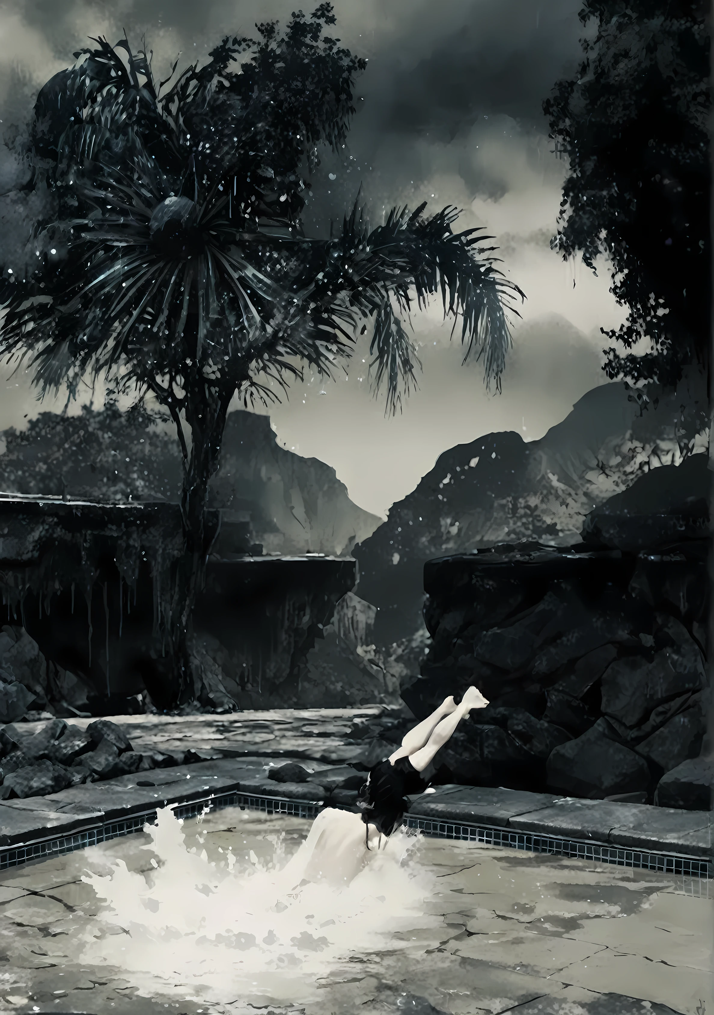 (Diving people:1.5),(swimming pool theme:1.5),(Diving theme:1.5),(Thriller:1.5),(Inspired by Stephen King:1.5),(coconut tree:1.5), (Ink Painting:1.5), (black and white:1.5), 8K, 4k, (landscape:1.5),(A lot of water splashed towards the audience:1.5),(destroyed:1.5),(destroyed village:1.5),(19th century:1.5), (destroyed theme:1.5),(Many flying butterflies:1.5),(Puddle:1.5),(Unpaved roads:1.5),(absurd:1.5),(excellent:1.5),(best quality:1.5),(masterpiece:1.5),Whole body length,Swimming pool manganese oxide babygirl ,full-body shot,Sinister landscape,Fluorite tungstenite atmosphere, Simon Starhag,Nicomoli,Wanjichi Mutu,primary color,Very detailed,masterpiece,Intricate details,fade,eyes Very detailed, Highly detailed eyes,16k resolution,Raw, Nikon Z9,Horror Town,Whole body length,ghost rainbow color,Intricate details,Stone Forest, Yunnan, China,best quality, Extremely detailed, Practical, portrait, Dark and eerie atmosphere, Glowing eyes, The ethereal existence, unforgettably beautiful, Ghosting, Mist rolling, Paranormal Entities, Devil's Essence, Shadow form, Weird Whisper, breath, Unforgettable pale skin, dark and twisted branches, Flickering candlelight, horror element, Mystery, ghost, Gothic art style, Unforgettable, Spectrum, Unforgettable melancholy, otherworldly beauty, Ethereal Light, Unforgettable, Chilling and atmospheric, Epoachy lights.old mantle city