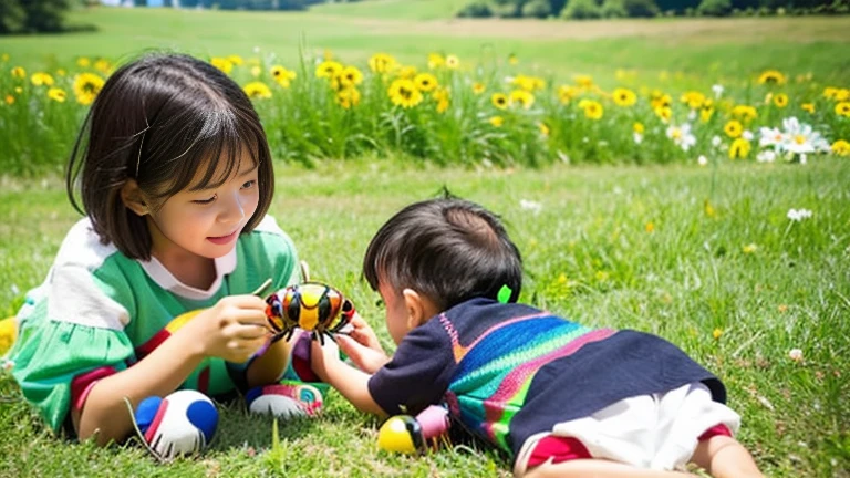 Children playing with beautiful beetles in the grassland、Children playing with beautiful beetles in the grassland、Colorful Mushiking