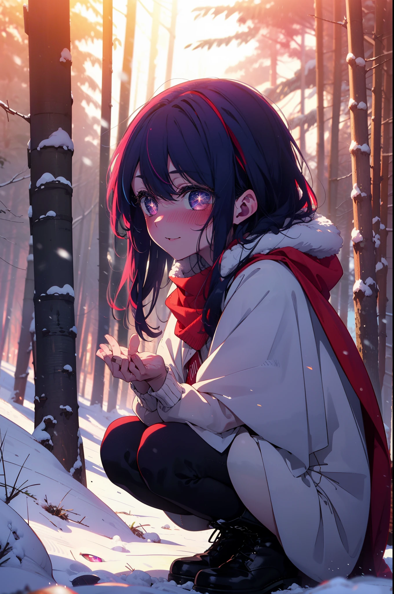 aihoshino, Ai Hoshino, Long Hair, bangs, (Purple eyes:1.1), Purple Hair, (Symbol-shaped pupil:1.5), smile,,smile,blush,White Breath,
Open your mouth,snow,Ground bonfire, Outdoor, boots, snowing, From the side, wood, suitcase, Cape, Blurred, , forest, White handbag, nature, Squat, Mouth closed, Cape, winter, Written boundary depth, Black shoes, red Cape break looking at viewer, Upper Body, whole body, break Outdoor, forest, nature, break (masterpiece:1.2), highest quality, High resolution, unity 8k wallpaper, (shape:0.8), (Beautiful and beautiful eyes:1.6), Highly detailed face, Perfect lighting, Highly detailed CG, (Perfect hands, Perfect Anatomy),