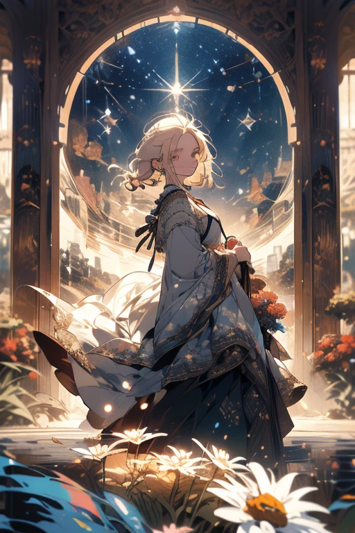 Relaxed character and white cat,(Best Quality),hight resolution,(Realistic:1.37),Portrait,Garden Girl,Beautiful detailed eyes,Detailed lips,Vivid colors,(kindly smile:1.4),(Girl walking in town),(Nostalgic atmosphere) ,(Short hair),(Low blonde hair, Loose and fluffy twin tails:1.2),Bright dresses,The town is surrounded by mysterious boundaries,Cool morning clouds are calm and peaceful, Quietly leads you to a sea of memories,Walk through a field of daisies,The tree々Gentle sunlight shines in,The beauty of tears, Like multicolored glass, Carried by the autumn breeze,Someday it will be full of fallen leaves,gentle sunlight,Soft breeze,Delicate flowers,Butterflies flutter by,calm and peaceful ambiance,Mesmerizing natural beauty,Whispering leaves,Subtle scent of summer grass,Whispers of happiness,Fragments of Shining Stars,Fleeting moments wrapped in eternity,