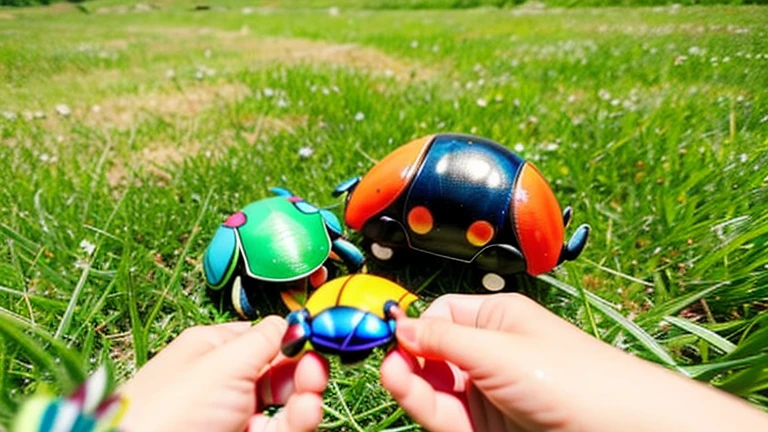 Children playing with beautiful beetles in the grassland、Children playing with beautiful beetles in the grassland、Colorful Mushiking