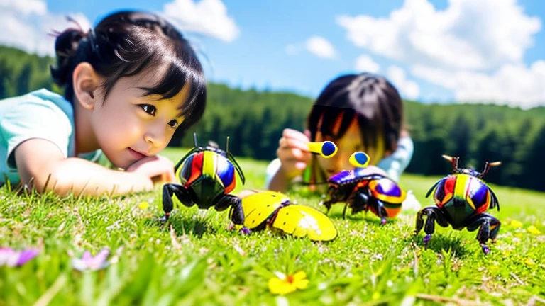 Children playing with beautiful beetles in the grassland、Children playing with beautiful beetles in the grassland、Colorful Mushiking