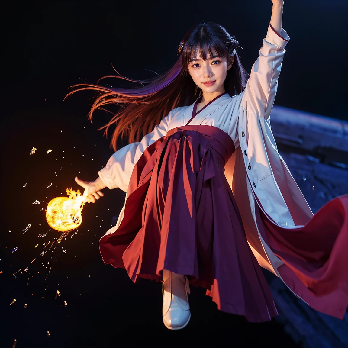 ultra-detailed, Explicit, Beautiful body, Beautiful Nose, Beautiful character design, perfect eyes, perfect face, ultra highres, 4K, beautiful legs, perfect legs, Nice hands, Perfect hand, Masterpiece, Best Quality, Highly detailed, illustration, absurdres, perfect anatomy, expression of angry, glowing eyes, looking at viewer, mystic aura, female priestess, full body, goddess-like, happy trance, perfect female body, smile, japanese clothes, miko, detached sleeves, hakama, hakama skirt, red hakama, ribbon-trimmed sleeves, serious stare, fire in her eyes (mystic fire in her eyes), horns, extending the right arm from the shoulder into the air with a straightened hand, 1girl, hair ornaments, purple hair, long hair, purple eyes with fire, (((pixel-perfect, detail-perfect))), solo, 1girl, Hanyuu, higurashi when they cry, umineko when they cry, medium sized natural breasts,