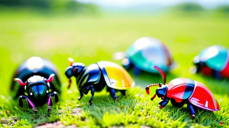 Children playing with beautiful beetles in the grassland、Children playing with beautiful beetles in the grassland、Colorful Mushiking