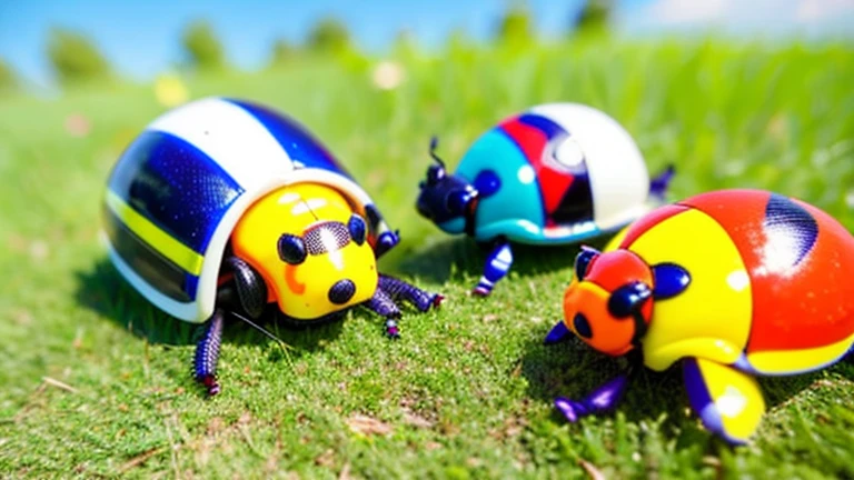 Children playing with beautiful beetles in the grassland、Children playing with beautiful beetles in the grassland、Colorful Mushiking