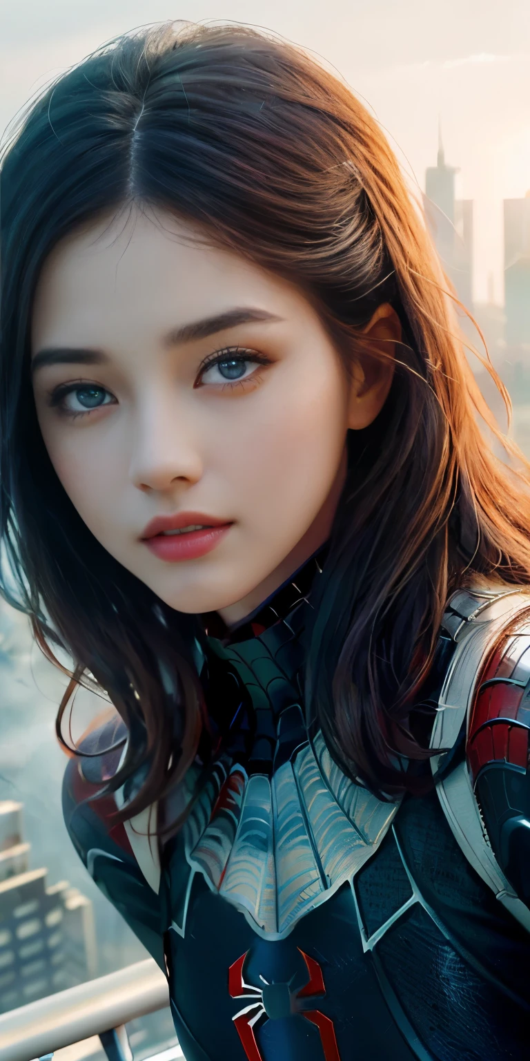 (1girl:1.3), Solo, (((Very detailed face)))), ((Very detailed eyes and face)))), Beautiful detail eyes, Body parts__, Official art, Unified 8k wallpaper, Super detailed, beautiful and beautiful, beautiful, masterpiece, best quality, original, masterpiece, super fine photo, best quality, super high resolution, realistic realism, sunlight, full body portrait, amazing beauty, dynamic pose, delicate face, vibrant eyes, (from the front), She wears Spider-Man suit, red and black color scheme, spider, very detailed city roof background, rooftop, overlooking the city, detailed face, detailed complex busy background, messy, gorgeous, milky white, highly detailed skin, realistic skin details, visible pores, clear focus, volumetric fog, 8k uhd, DSLR, high quality, film grain, fair skin, photo realism, lomography, futuristic dystopian megalopolis, translucent