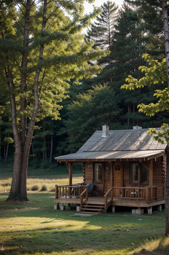 Morning sun, few birds, little breeze, trees, wooden cabin