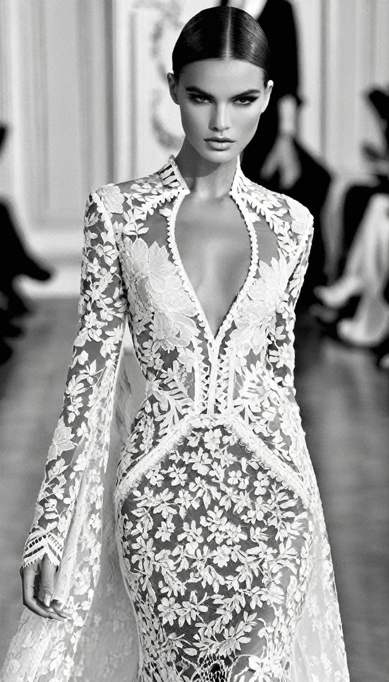 Black and White Fashion Photography，Haute couture dresses，Lace，Hollow，