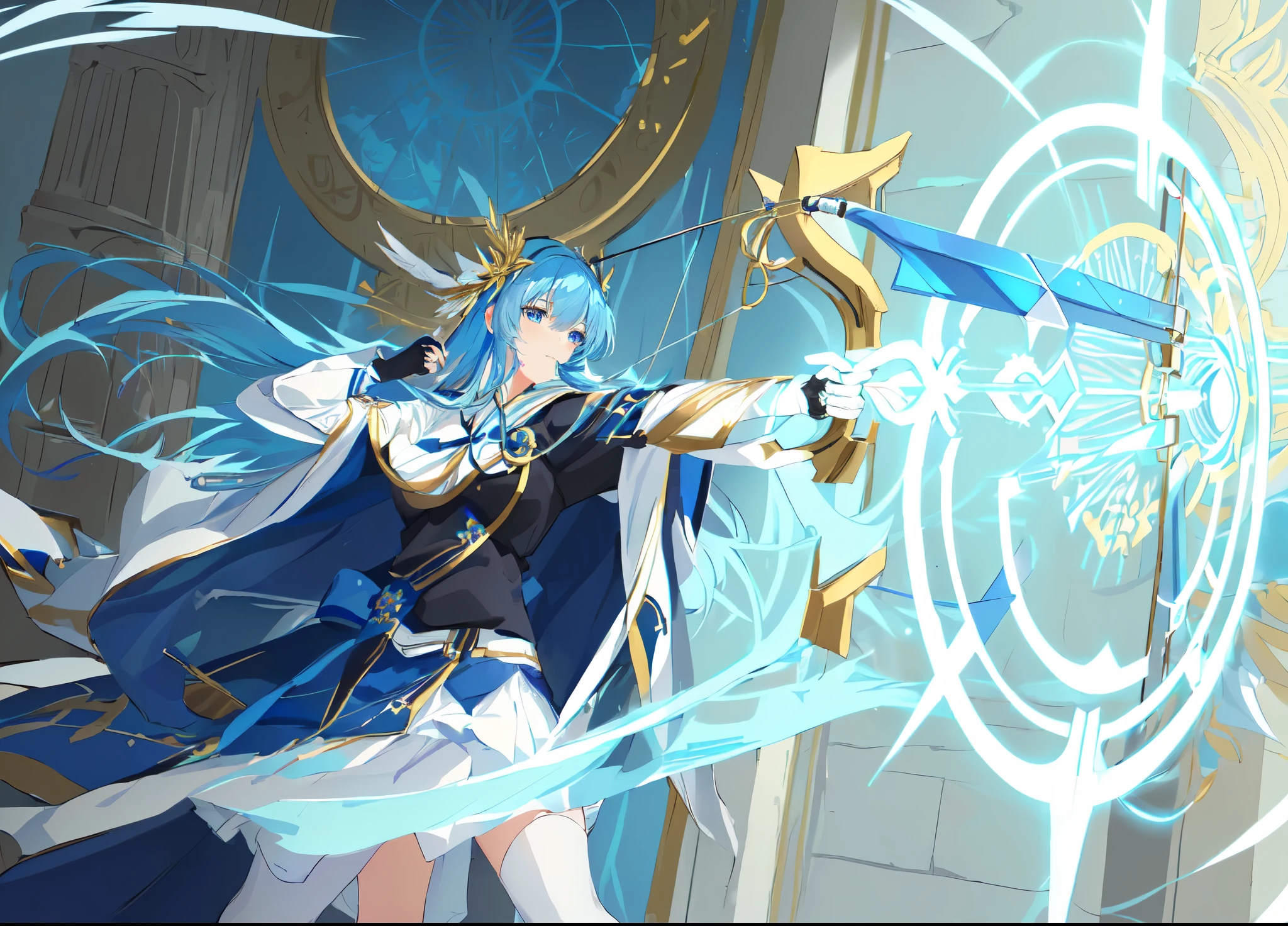 (best quality,highres),anime goddess,blue hair,bright blue eyes,white skirt,white stockings,black top,girl wearing white and red cloak,anime goddess,archery,holding a blue bow and arrow,adorned with a golden feather headdress.