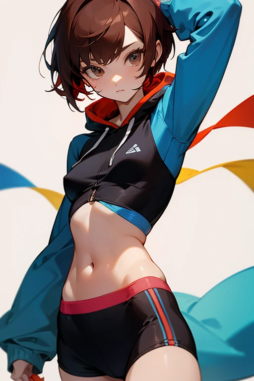 Cute girl in a hoodie、Belly button、Shoulder、slender、Tight clothing、Pixie Cut、Sporty、Grown-up、24-years-old、Red-brown hair、