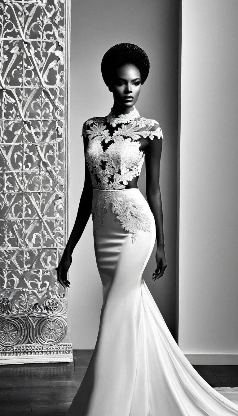 Black and White Fashion Photography，Black model，Haute couture dresses，Lace，Hollow，silk，