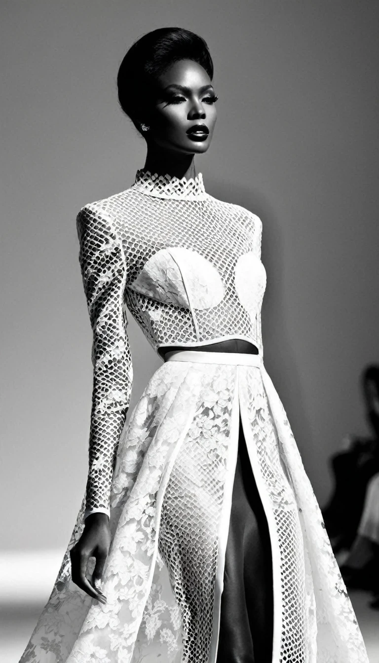 Black and White Fashion Photography，Black model，Haute couture dresses，Lace，Hollow，silk，