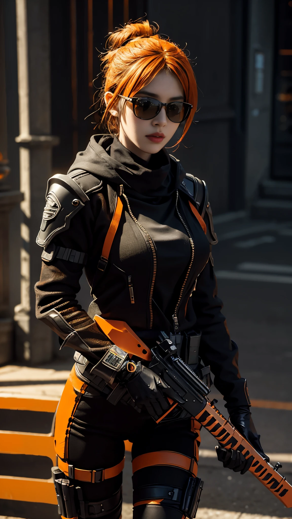 8K, UHD, masterpiece, 1 girl, detailed face, smart face, ((sunglasses)), detailed eyes, sniper rifle in hand, battleroyal, call of duty cosplay, call of duty modern warfare 3, ((ghost tribe)), ((orange and black cosplay:1.5)), belts, gun, methic gun, futuristic art, cyberpunk lihting, ultra extreme graphics, RTX 4090, ray tracing, bloom, depth of field, motion blur, 