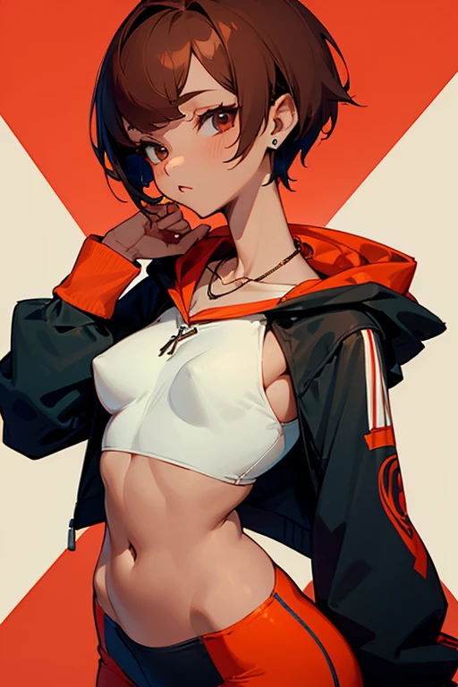 Cute girl in a hoodie、Belly button、Shoulder、slender、Tight clothing、Pixie Cut、Sporty、Grown-up、24-years-old、Red-brown hair、Accentuated breasts、Brown Skin、Earrings、Simple Necklace