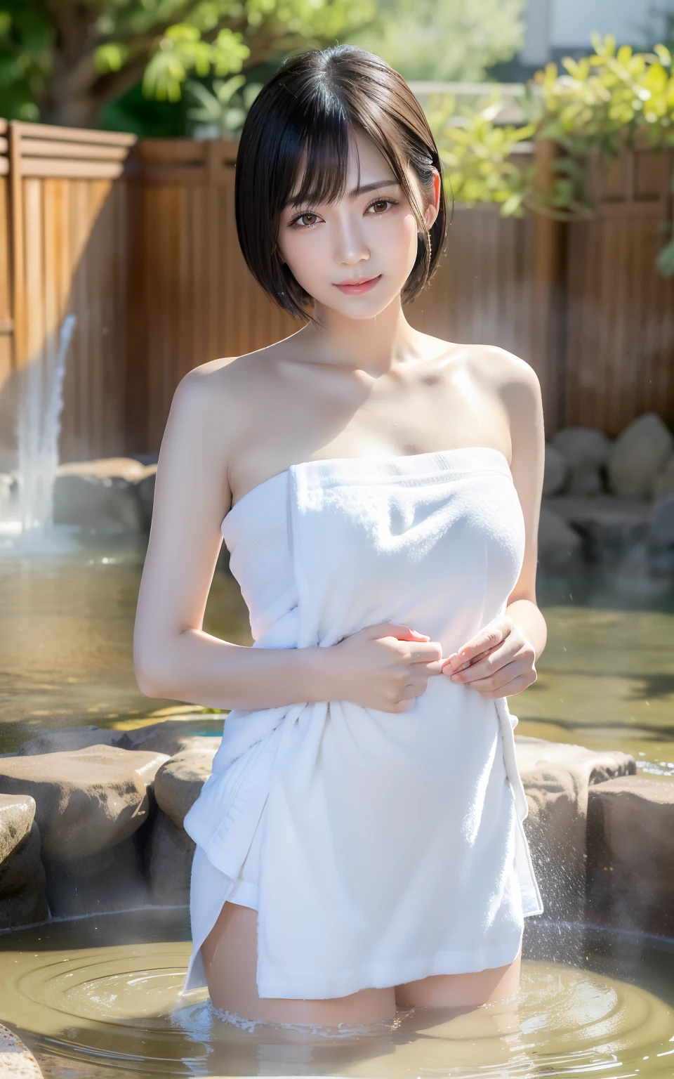 Masterpiece, Best-quality, RAW-photo, Ultra-High-Resolution, Photorealistic, (Anatomically correct, 22-years-old, Realistic Japanese girl, photographer's lover, She truly loves photographer, , cute face, Slender body, slim waist and busty body, Slender legs, Realistic skin), ((takeing a bath)), ((wrap a towel around body:1.3)), (maiko, Round face, Black hair, Moist eyes, Shining eyes, Short bob cut, Bangs, Down-slating eyebrows, one little earring, Light blush), (See photographer, look at viewer, standing, she is soaking in a hot spring bath), (goddess smile, pamper someone you love, facial expressions that seduce men), (Japanese hot springs, open-air bath), Natural lighting, full length, bright lighting, professional lighting, (front lighting), natural smile, fair skin, 