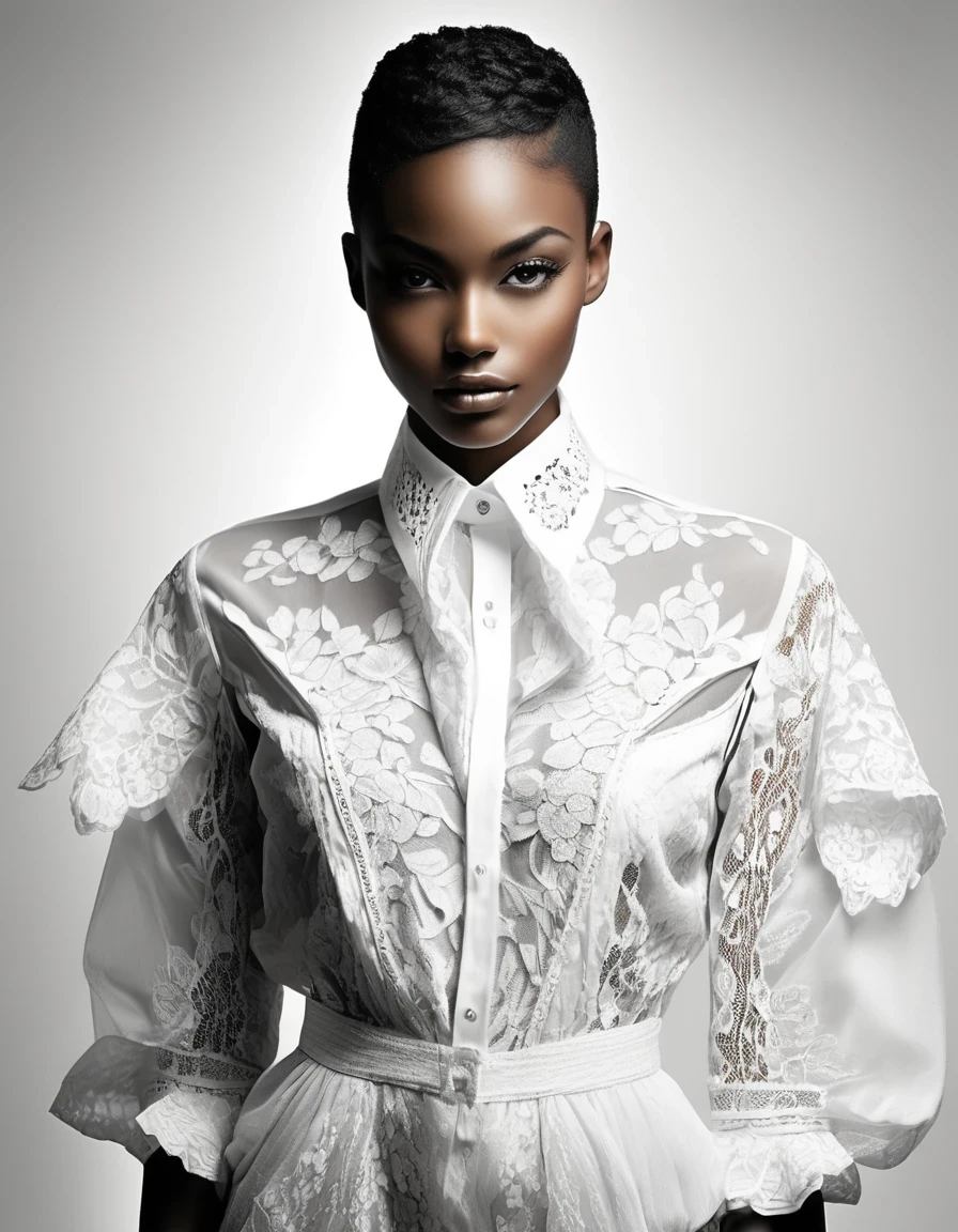 in style of Joe Fenton,Black model， character, portrait, half body, wearing a delicate shirt, highly detailed face, beautiful detail, sharp focus，Black and White Photography，Studio Photos，