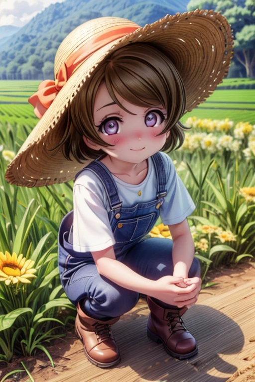 (((pixel perfect, Perfect in every detail))), alone, 1 girl, Hanayo Koizumi, brown hair,short hair,purple eyes,looking at the viewer, smile,straw hat,concealment of work overalls,rice planting boots,Paddy field,Rice cultivation,Sunny,countryside,(masterpiece:1.2), highest quality, High resolution, unity 8k wallpaper, (shape:0.8), (beautiful and detailed eyes:1.6), highly detailed face, perfect lighting, Very detailed CG, (perfect hands, perfect anatomy),