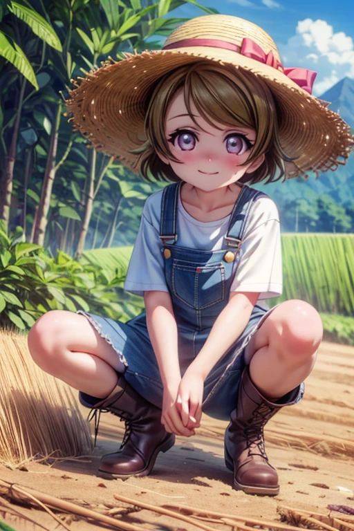 (((pixel perfect, Perfect in every detail))), alone, 1 girl, Hanayo Koizumi, brown hair,short hair,purple eyes,looking at the viewer, smile,straw hat,concealment of work overalls,rice planting boots,Paddy field,Rice cultivation,Sunny,countryside,(masterpiece:1.2), highest quality, High resolution, unity 8k wallpaper, (shape:0.8), (beautiful and detailed eyes:1.6), highly detailed face, perfect lighting, Very detailed CG, (perfect hands, perfect anatomy),