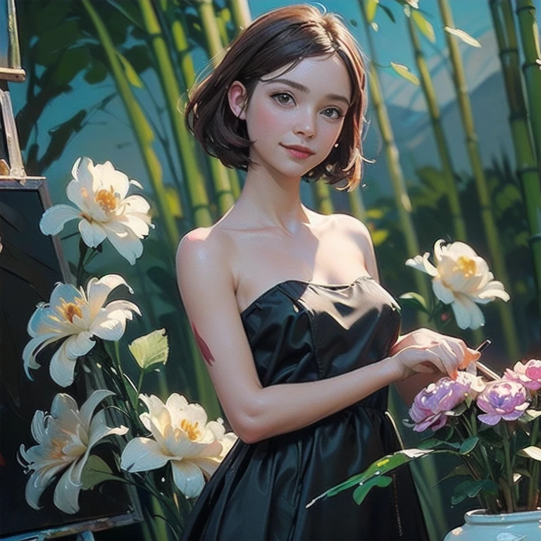 ((create), (young girl, 16 years, naked, full height, dark hair, bright skin, scarlet lips, smile; black, expressive playful eyes, long eyelashes), (female naked body, Fantastic space), (flowers, Chrysanthemums-лилии, peonies, 1 full-length girl-solo, beautiful breasts), (girl, bare shoulders, (ecchi0.5), lips, Splashing water, (flowers:0.6), (birds:0.2), (Bamboo0.1) , (lakes), (very beautiful, naked girl, full height, relaxed posture, slight body twist, facing the viewer, beautiful small breasts), (dressed; black translucent chiffon dress, Golden Line, Very short dress), (calm relaxed posture, hair fluttering in the wind, half a turn, look at the viewer, stylish girl model)).((Background - Fantastic space, flower garden, graphic clear line, stylized - graphic, (lily flowers, peonies, Chrysanthemums ) - (stunning blooming irises; (violet, yellow, blue, white), (Modern style, Modern, very beautiful young girl). (High quality, masterpiece). ((Highest quality workmanship, realism, oil painting, Modern brushwork, master&#39;s hand, mercy, ease of execution)).