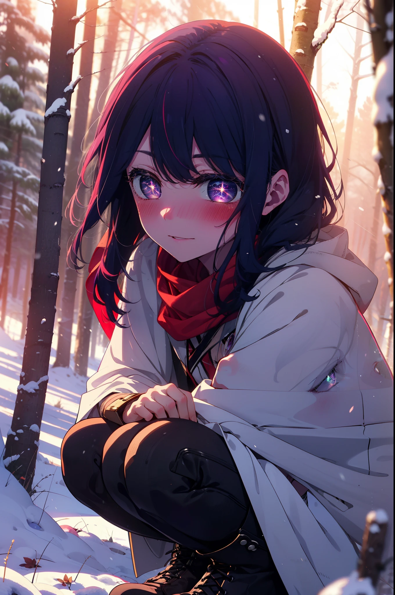 aihoshino, Ai Hoshino, Long Hair, bangs, (Purple eyes:1.1), Purple Hair, (Symbol-shaped pupil:1.5), smile,,smile,blush,White Breath,
Open your mouth,snow,Ground bonfire, Outdoor, boots, snowing, From the side, wood, suitcase, Cape, Blurred, , forest, White handbag, nature, Squat, Mouth closed, Cape, winter, Written boundary depth, Black shoes, red Cape break looking at viewer, Upper Body, whole body, break Outdoor, forest, nature, break (masterpiece:1.2), highest quality, High resolution, unity 8k wallpaper, (shape:0.8), (Beautiful and beautiful eyes:1.6), Highly detailed face, Perfect lighting, Highly detailed CG, (Perfect hands, Perfect Anatomy),