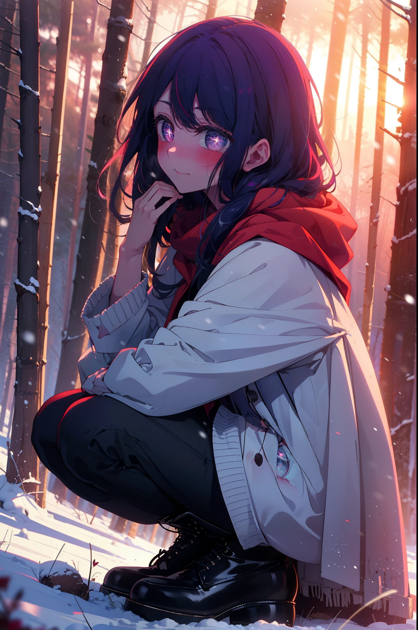 aihoshino, Ai Hoshino, Long Hair, bangs, (Purple eyes:1.1), Purple Hair, (Symbol-shaped pupil:1.5), smile,,smile,blush,White Breath,
Open your mouth,snow,Ground bonfire, Outdoor, boots, snowing, From the side, wood, suitcase, Cape, Blurred, , forest, White handbag, nature,  Squat, Mouth closed, Cape, winter, Written boundary depth, Black shoes, red Cape break looking at viewer, Upper Body, whole body, break Outdoor, forest, nature, break (masterpiece:1.2), highest quality, High resolution, unity 8k wallpaper, (shape:0.8), (Beautiful and beautiful eyes:1.6), Highly detailed face, Perfect lighting, Highly detailed CG, (Perfect hands, Perfect Anatomy),