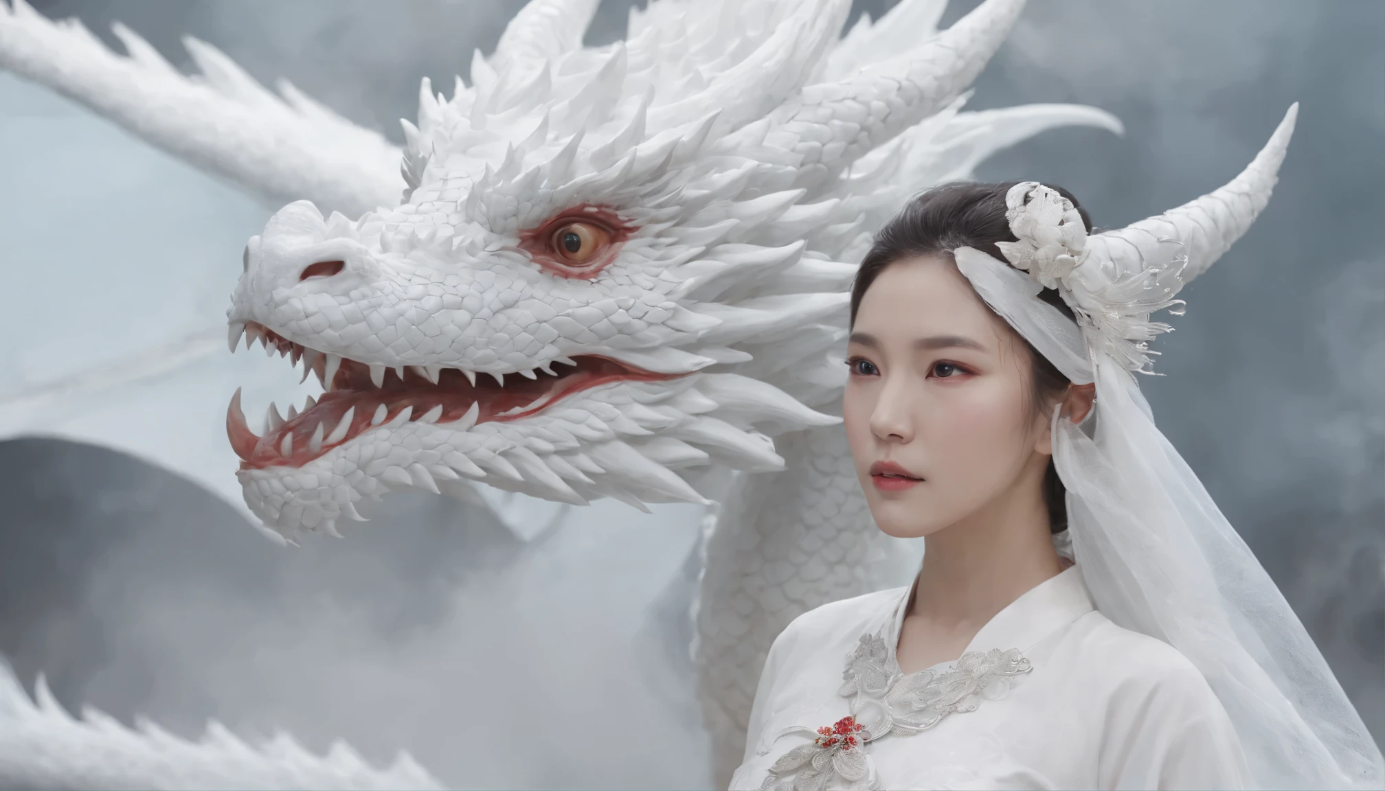 (The Divine Beast_white dragon:1.2), nine tailed fox devil fox, dynamic body type, (korean Monster), amazing, fried fooded Ink, korean, 1 woman, ((whole body), ((2.5D)), floating hair, beautiful eyes, delicate eyes, Delicate silhouette, fantasy art, (Black and Red Antique Brocade Hanfu), eyesight, (masterpiece), front shot, Side portrait, white background, (movie poster), sharp, fried food, cloud, petal, emptied, sky, (wide angle lens), reminiscence