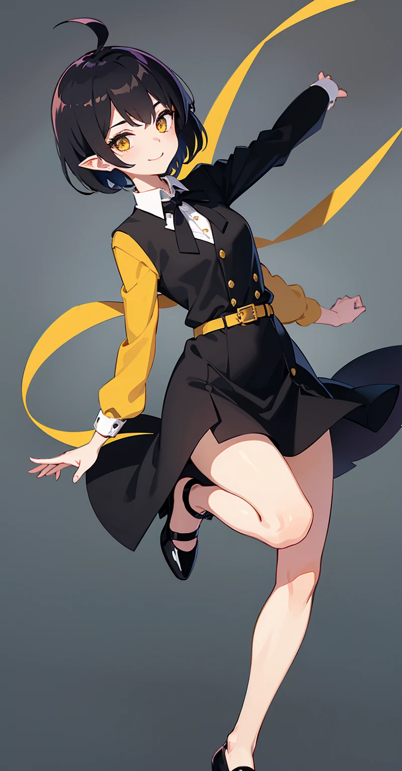 whole body, upright, front, Facing straight ahead,shoes, One Woman,short hair, (purplish-black hair, 肩までのshort hair, Hair between the eyes, Ahoge), (Yellow Eyes), (Pointed Ears), ((Office Suits)), White button-up shirt, Black stiletto heel, Black vest,Black slit skirt, Black bow tie, Abrasion Pump), Place your arms at your sides, smile, masterpiece, high quality, whole body, shoesを履いている, frontを向いている, Are standing,Simple white background, View your viewers