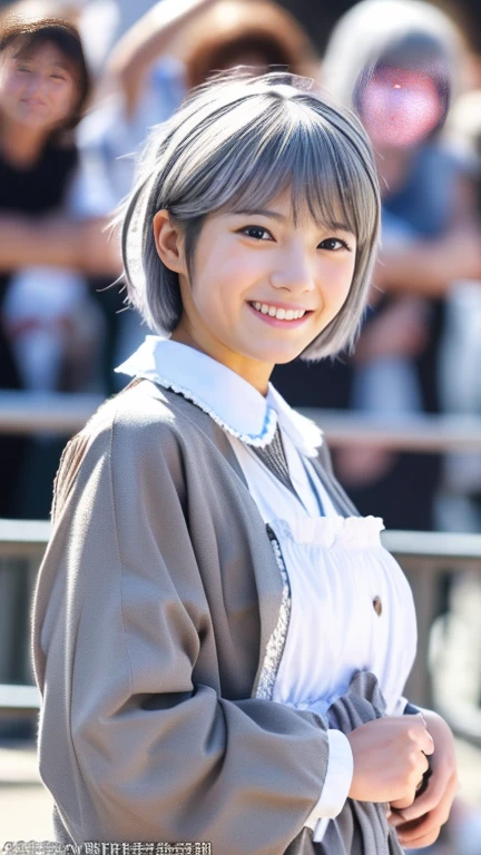 Japanese women,20th generation,front,Looking at the audience,whole body, (8k,RAW Photos,highest quality,masterpiece,Realistic,Photorealistic:1.2), ((Gray Hair,short hair,White eyebrows,Cat ear,French maid outfit)),