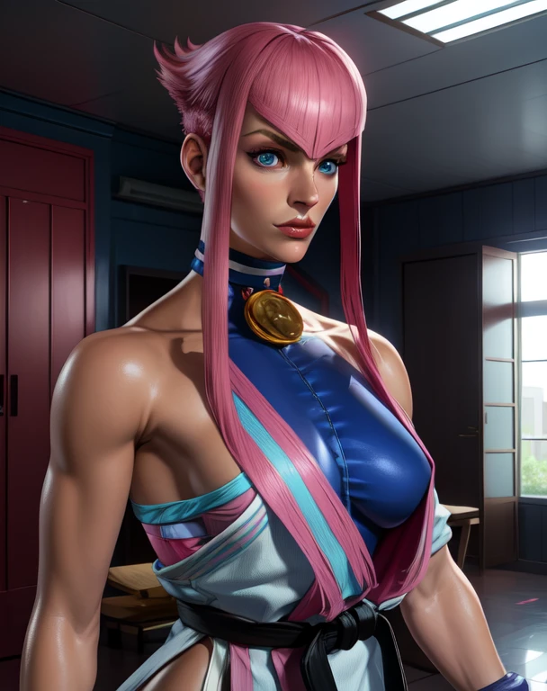 manon,pink hair,short hair with long locks,blue eyes,
blue bodysuit,white karate gi,wristband,choker with gold,black belt,
room,colorful,indoors,
standing,upper body,
(insanely detailed, beautiful detailed face, masterpiece, best quality),