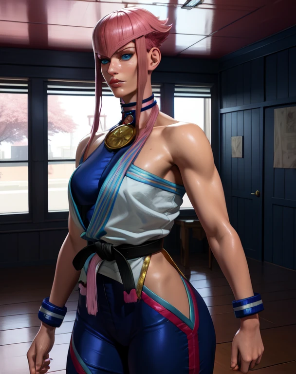 manon,pink hair,short hair with long locks,blue eyes,
blue bodysuit,white karate gi,wristband,choker with gold,black belt,
room,colorful,indoors,
standing,upper body,
(insanely detailed, beautiful detailed face, masterpiece, best quality),